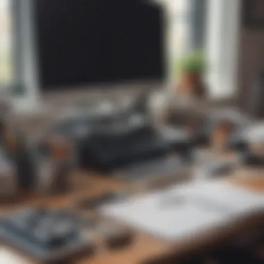 Organized Workspace Essentials A neatly organized office desk showcasing essential tools for productivity