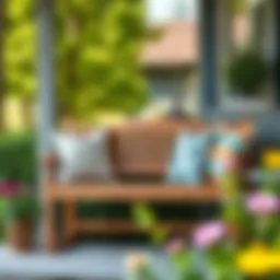 Elegant wooden front porch bench adorned with decorative cushions
