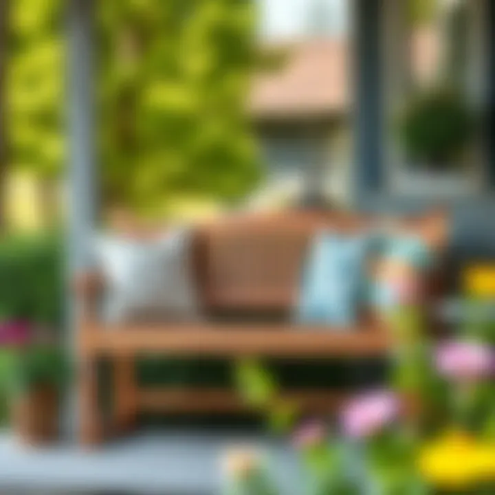 Charming Wooden Bench for Outdoor Comfort Elegant wooden front porch bench adorned with decorative cushions
