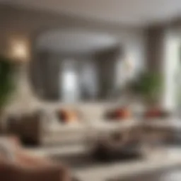 A stylishly designed living room featuring an 84 inch frameless mirror reflecting contemporary decor.