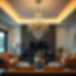 Elegant chandelier illuminating a modern living room