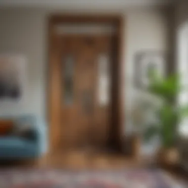 A modern living room featuring doorway beads that enhance the bohemian aesthetic