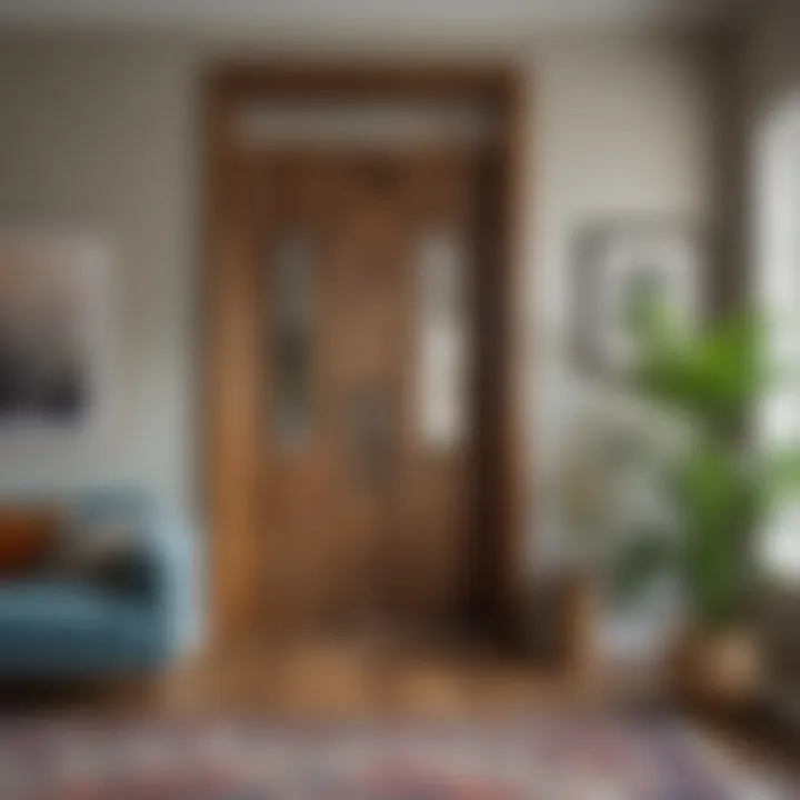 A modern living room featuring doorway beads that enhance the bohemian aesthetic