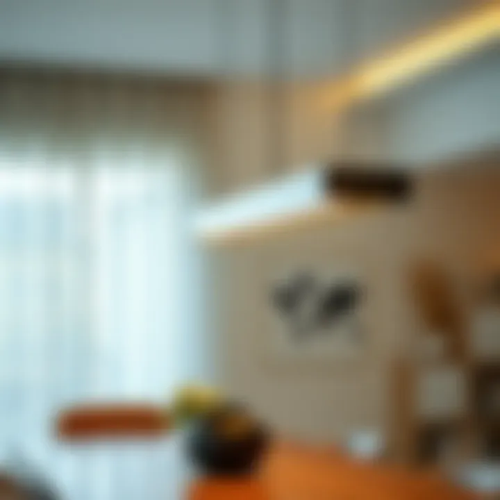 Sleek Fixture with Minimalistic Decor Sleek long dining light fixture paired with minimalistic decor