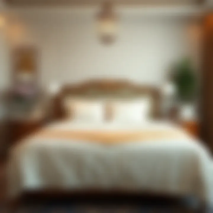 A stylishly arranged bedroom featuring a double bed with elegant sheets.