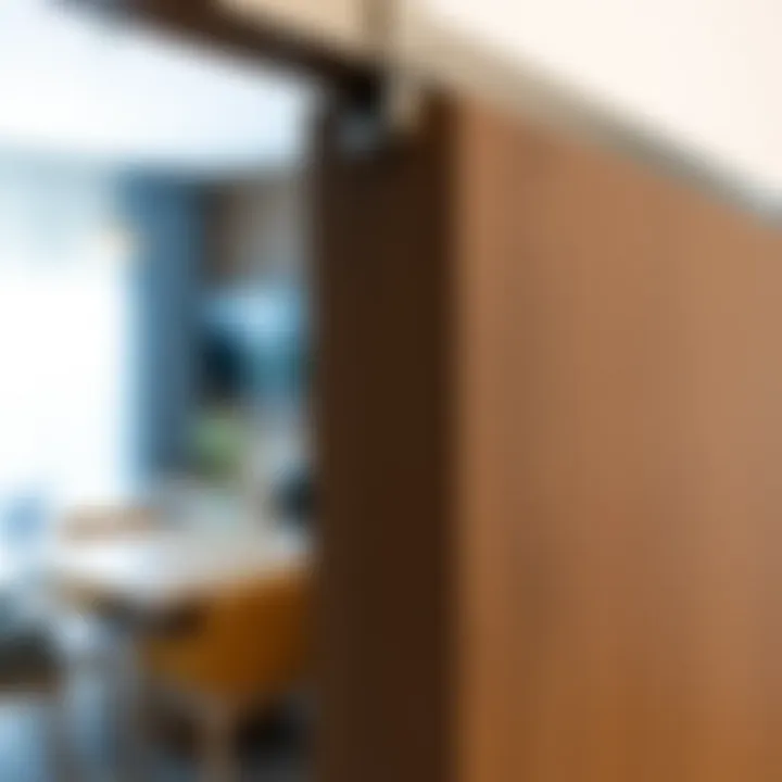 Close-up of the sliding door hardware and track system