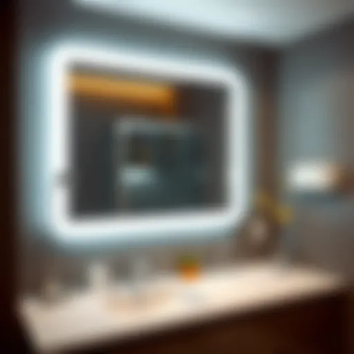 Sleek large LED mirror reflecting modern bathroom decor