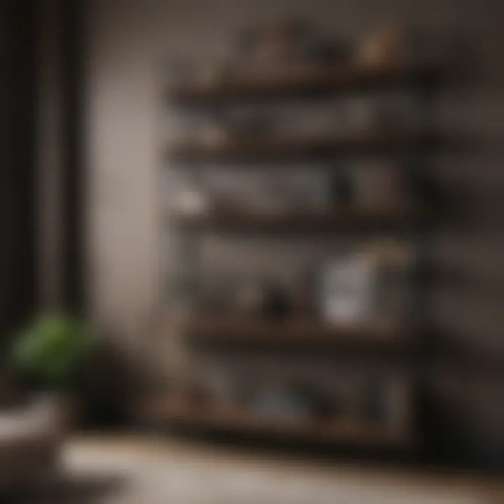 Dark brown shelving unit styled with decorative items and books