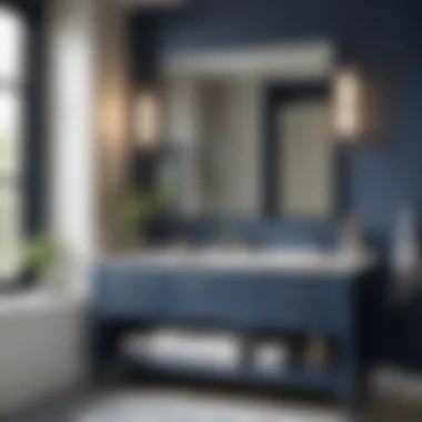 Modern Bathroom with Navy Blue Vanity Elegant navy blue vanity in modern bathroom setting