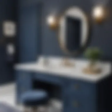 Chic Interior Featuring Navy Blue Vanity Navy blue vanity in a chic interior design scheme