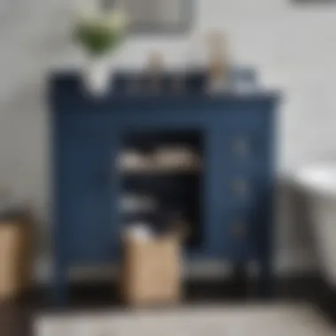 Styled Navy Blue Vanity with Accessories Navy blue vanity styled with decorative accessories