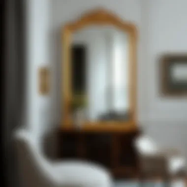 Artfully styled gold trim standing mirror enhancing a room's ambiance