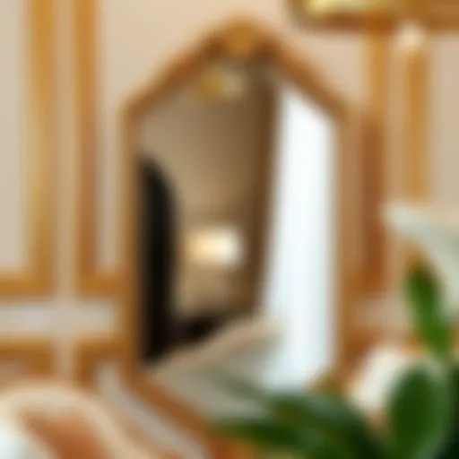 Intricate Design of Gold Trim Mirror Elegantly designed gold trim standing mirror showcasing intricate details