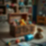 Craftsmanship of the Toy Chest An intricately designed wooden toy chest filled with colorful toys, highlighting craftsmanship