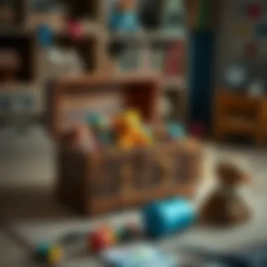 Craftsmanship of the Toy Chest An intricately designed wooden toy chest filled with colorful toys, highlighting craftsmanship