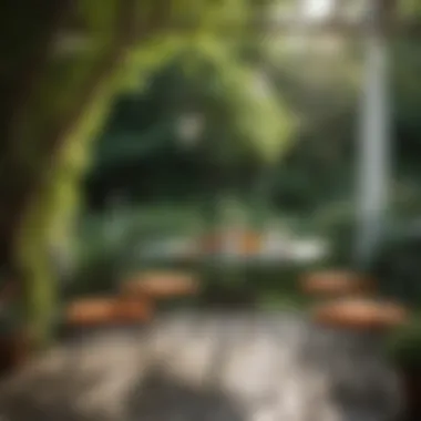 Charming Garden Dining Setup A vibrant garden scene showcasing a large round glass patio table adorned with decorative accessories