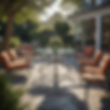 Inviting Atmosphere for Social Gatherings Stylish arrangement of outdoor furniture highlighting a large round glass patio table during a social gathering