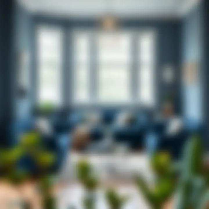 Navy blue puff furniture arranged in a cozy reading nook