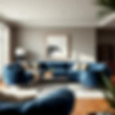 Elegant navy blue puff furniture in a modern living room setting