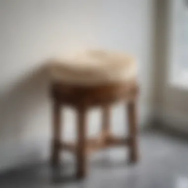 Artisan Craftsmanship of a Wooden Vanity Stool Stylish wooden bathroom vanity stool with intricate details