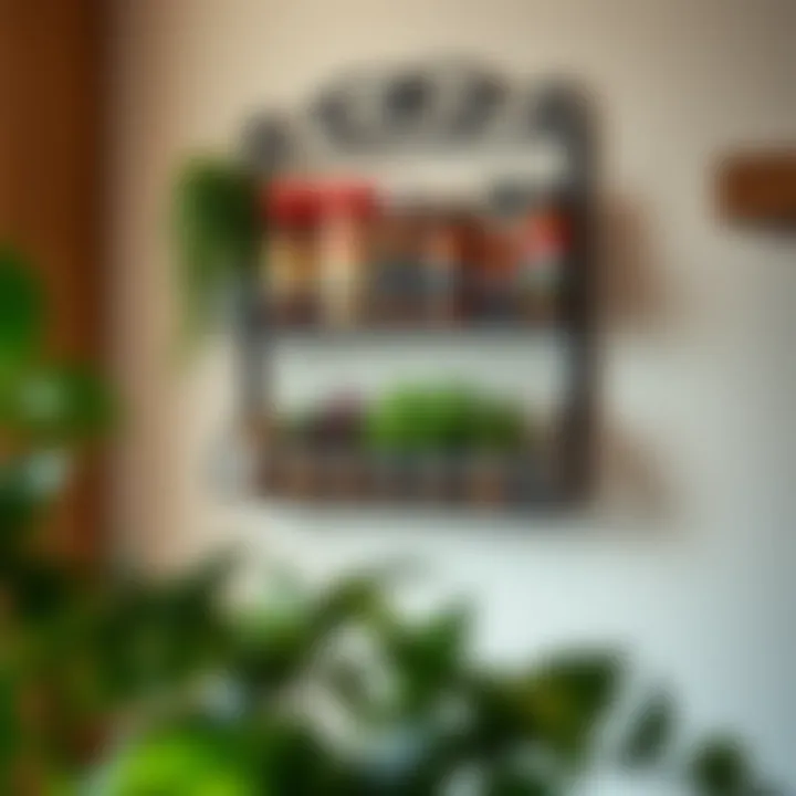Elegant wall-mounted kitchen rack showcasing various herbs and spices