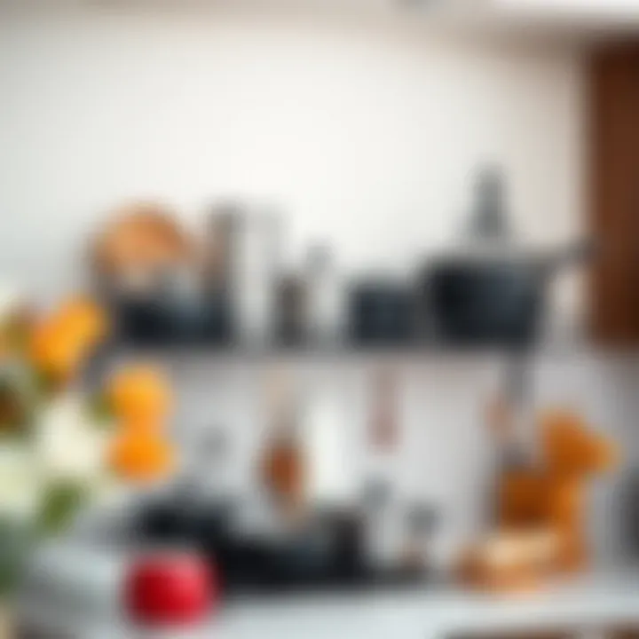 Stylish kitchen rack with cookware and decorative elements