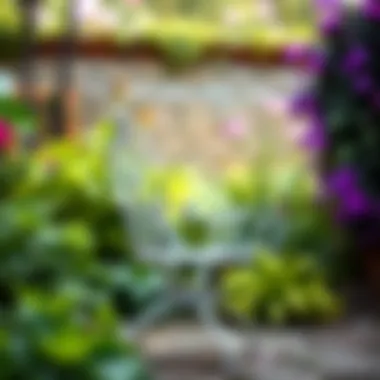 A vintage wrought iron patio chair in a lush garden setting