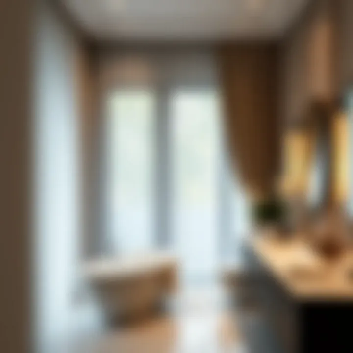 An elegant bathroom featuring beautifully designed water-resistant curtains