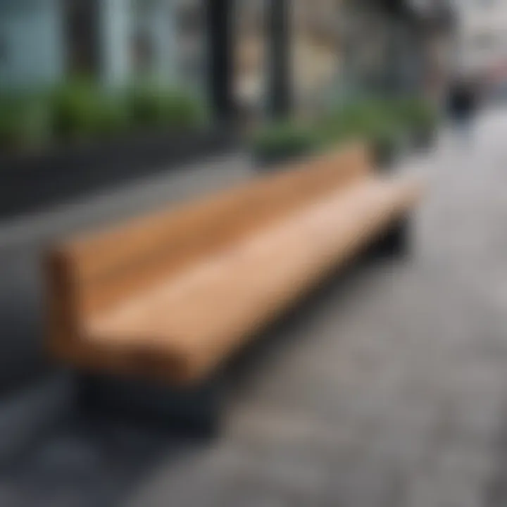 A modern wooden bench placed in a stylish urban environment, blending functionality with aesthetics.