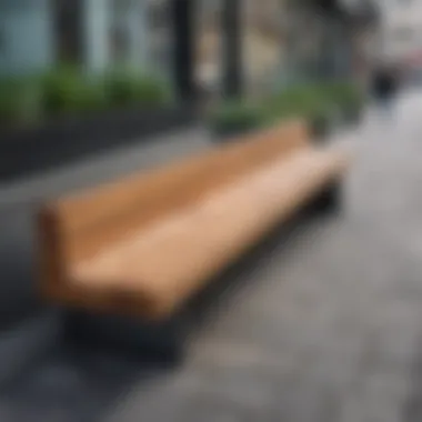 Modern Urban Wooden Bench A modern wooden bench placed in a stylish urban environment, blending functionality with aesthetics.