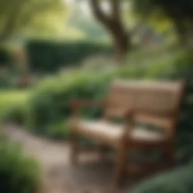 Serene Garden Wooden Bench A beautifully crafted wooden bench situated in a serene garden setting.