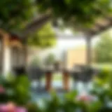 Elegant round outdoor dining table under a canopy