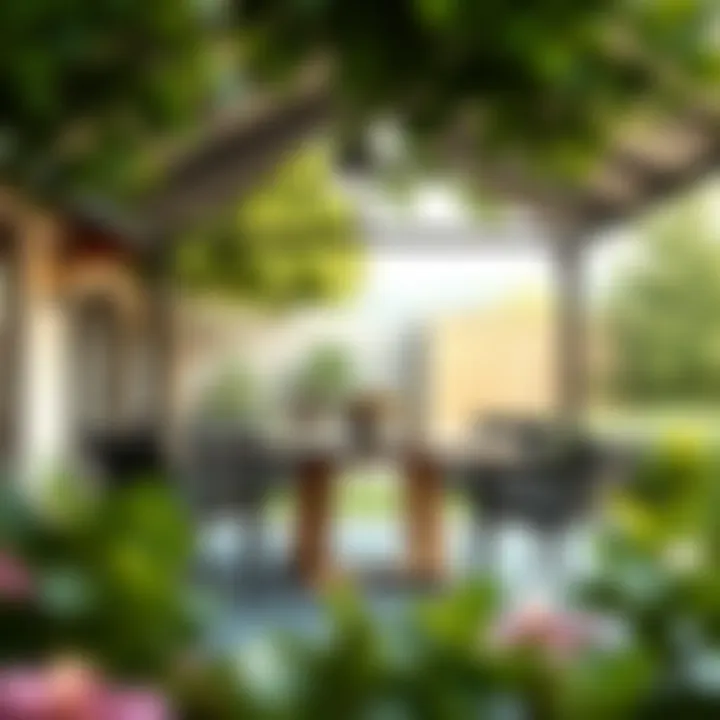 An elegant round outdoor dining table set beneath a lush canopy Elegant round outdoor dining table under a canopy