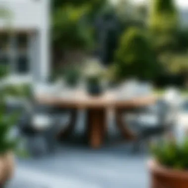 A beautifully set five-foot round outdoor dining table, perfect for gatherings Beautifully set outdoor dining table for gatherings