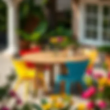 A stylish five-foot round outdoor dining table accompanied by colorful chairs Stylish outdoor dining table with vibrant chairs