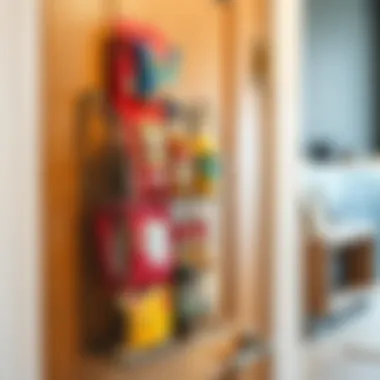 Modern metal rack installed on a pantry door displaying snacks and condiments