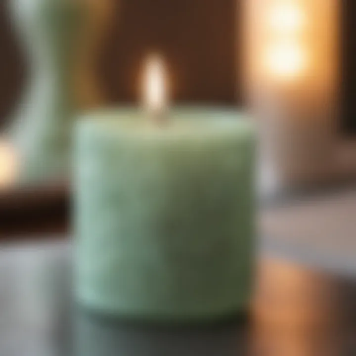 Close-up of a mint colored candle with intricate design and texture.