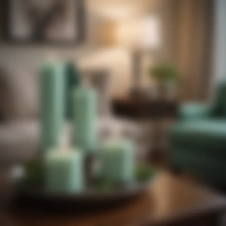 Ambient setting featuring mint colored candles illuminating a cozy living room.