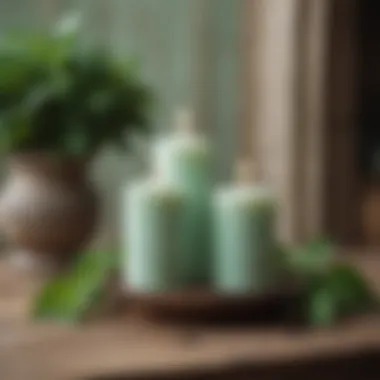 Elegant Mint Candle Arrangement Elegant mint colored candles arranged on a rustic wooden table.