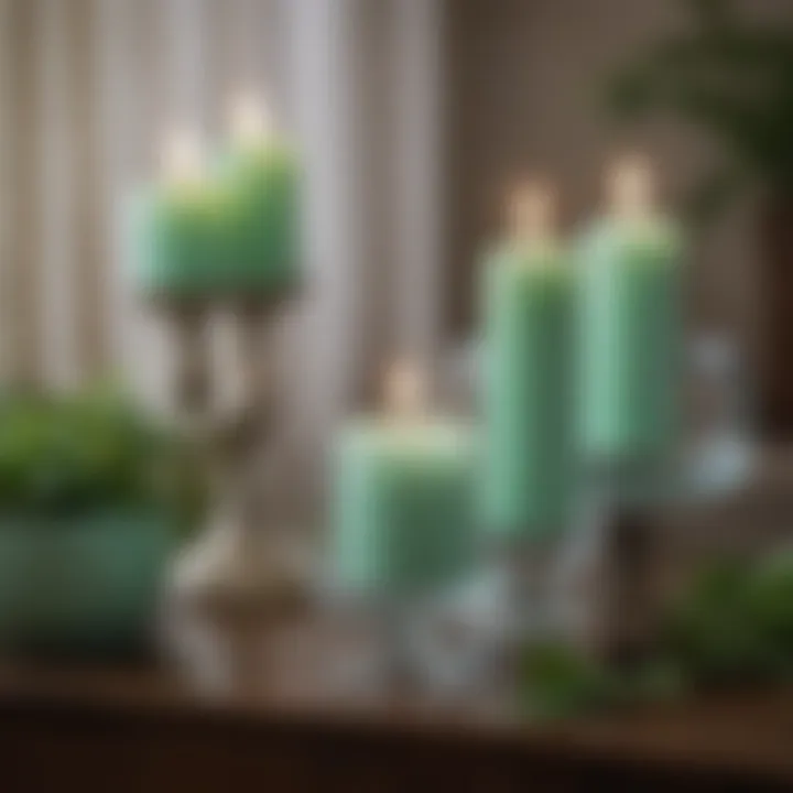 Stylish tabletop featuring mint colored candles and decorative elements.