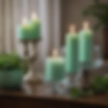 Stylish Tabletop with Mint Candles Stylish tabletop featuring mint colored candles and decorative elements.