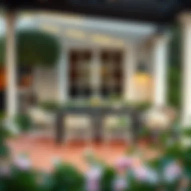 Stylish Outdoor Dining Space Elegant outdoor setting with a table, chairs, and bench