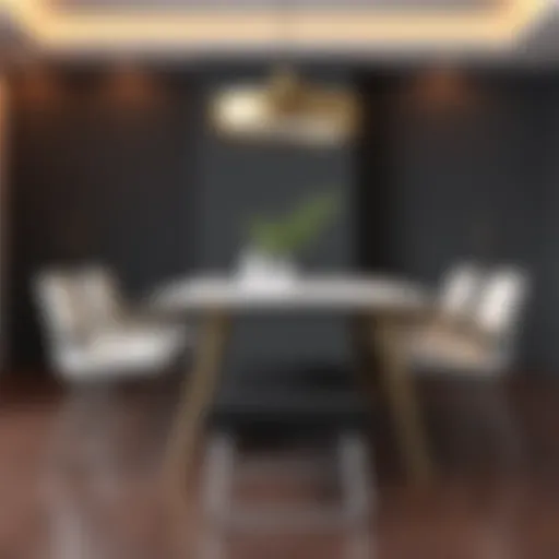 Modern dining table arrangement showcasing four chairs and a bench