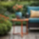 Elegant small plastic end table in a vibrant garden setting