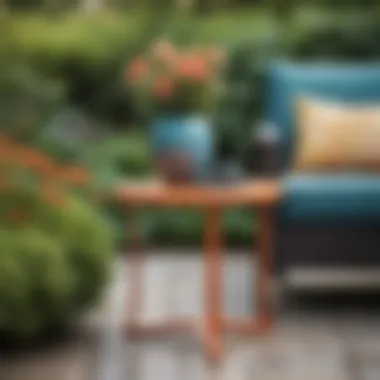 Chic Outdoor End Table Design Elegant small plastic end table in a vibrant garden setting