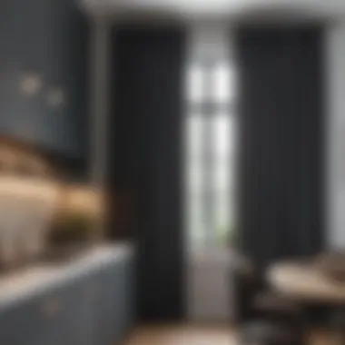 Stylish Kitchen with Complementary Dark Gray Curtains Stylish kitchen featuring dark gray curtains with complementary decor.
