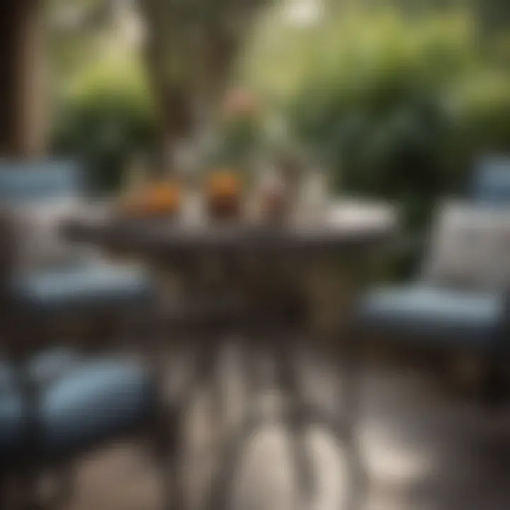 Tall narrow outdoor table adorned with decorative items