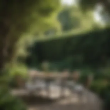 Elegant Design in a Garden Setting Stylish tall narrow outdoor table set in a lush garden