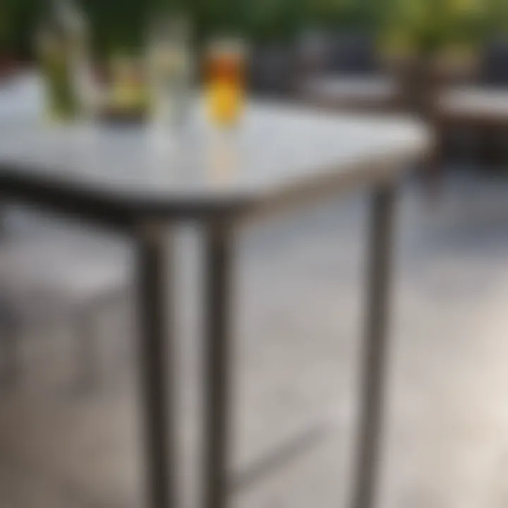 Close-up of materials used in tall narrow outdoor tables