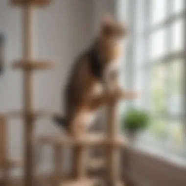 Playful Cat on Multi-Level Cat Tree Playful cat exploring the heights of a multi-level cat tree